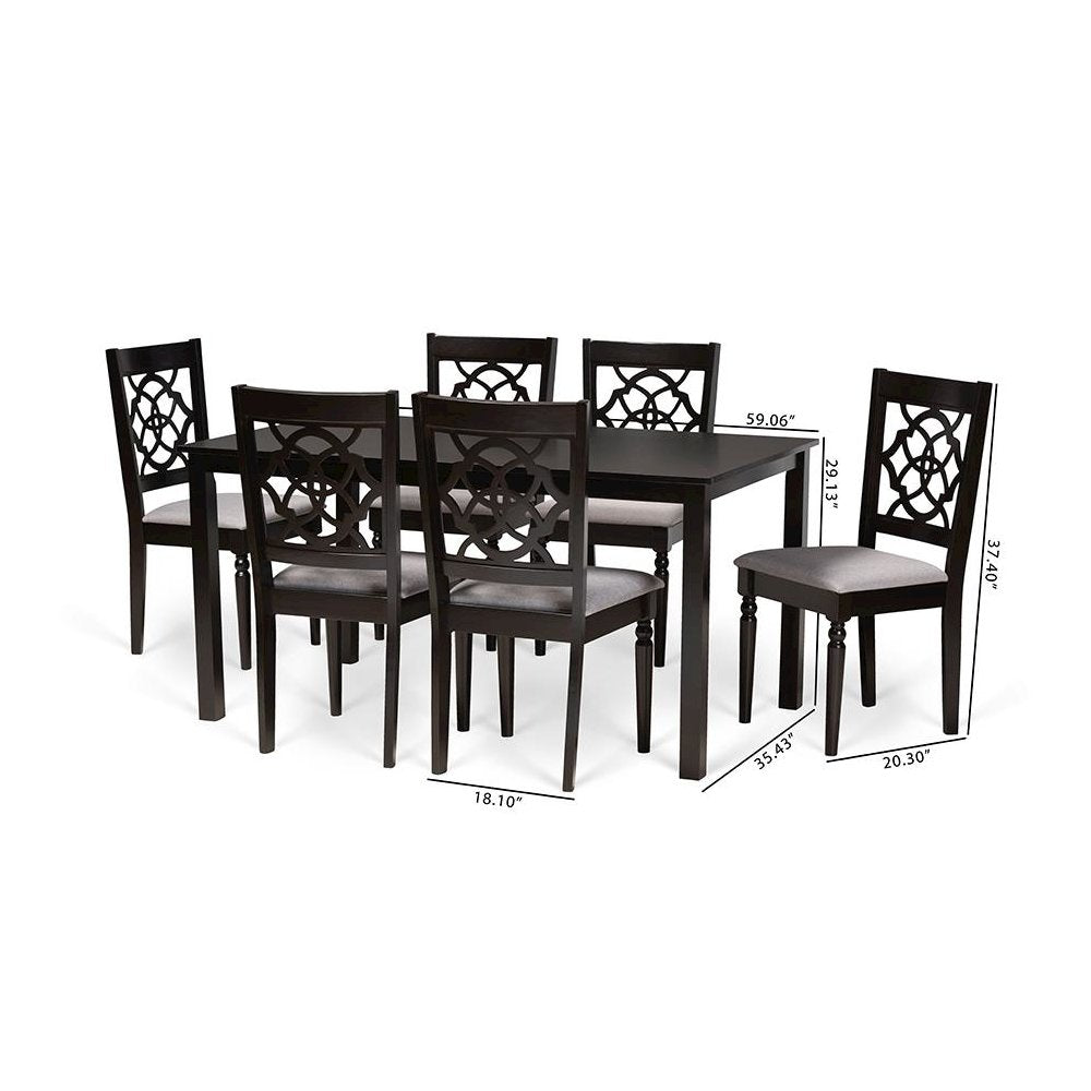 Grey Fabric Upholstered and Dark Brown Finished Wood 7-Piece Dining Set