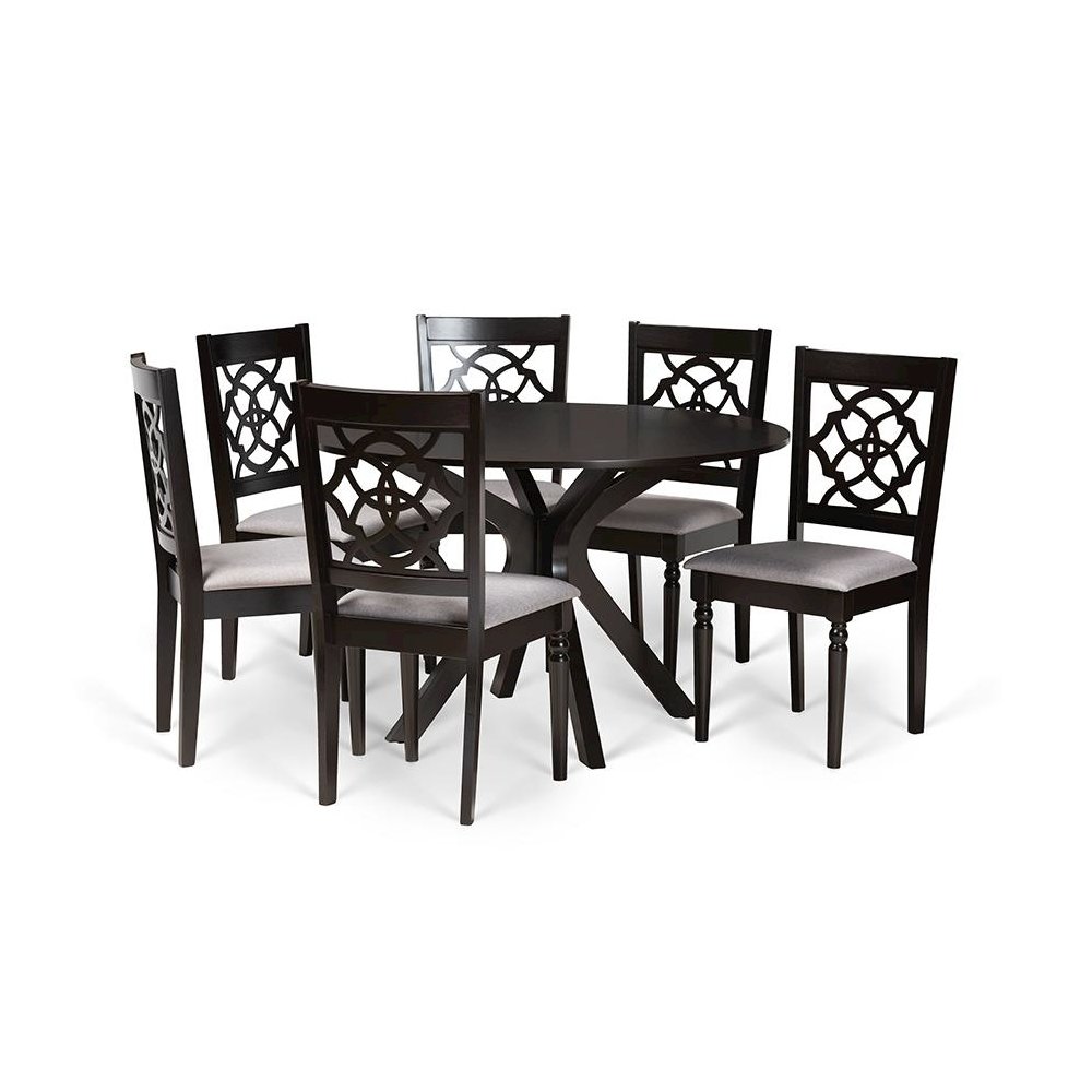 Grey Fabric Upholstered and Dark Brown Finished Wood 7-Piece Dining Set