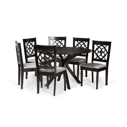 Grey Fabric Upholstered and Dark Brown Finished Wood 7-Piece Dining Set