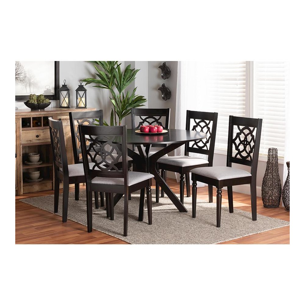 Grey Fabric Upholstered and Dark Brown Finished Wood 7-Piece Dining Set