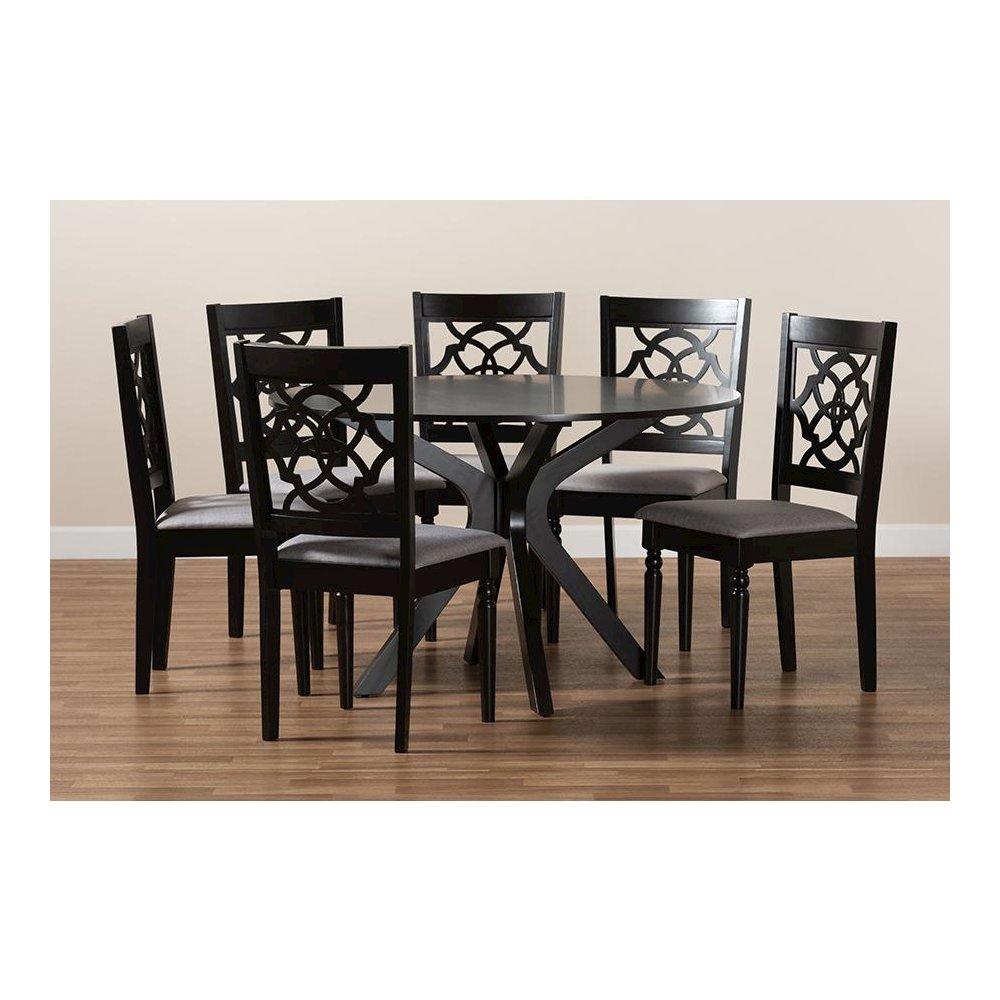 Grey Fabric Upholstered and Dark Brown Finished Wood 7-Piece Dining Set