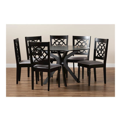 Grey Fabric Upholstered and Dark Brown Finished Wood 7-Piece Dining Set