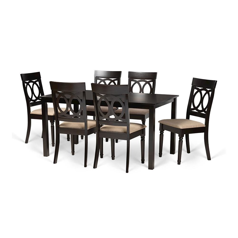 Sand Fabric Upholstered and Dark Brown Finished Wood 7-Piece Dining Set