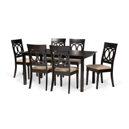 Sand Fabric Upholstered and Dark Brown Finished Wood 7-Piece Dining Set