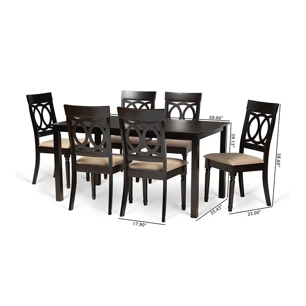 Sand Fabric Upholstered and Dark Brown Finished Wood 7-Piece Dining Set