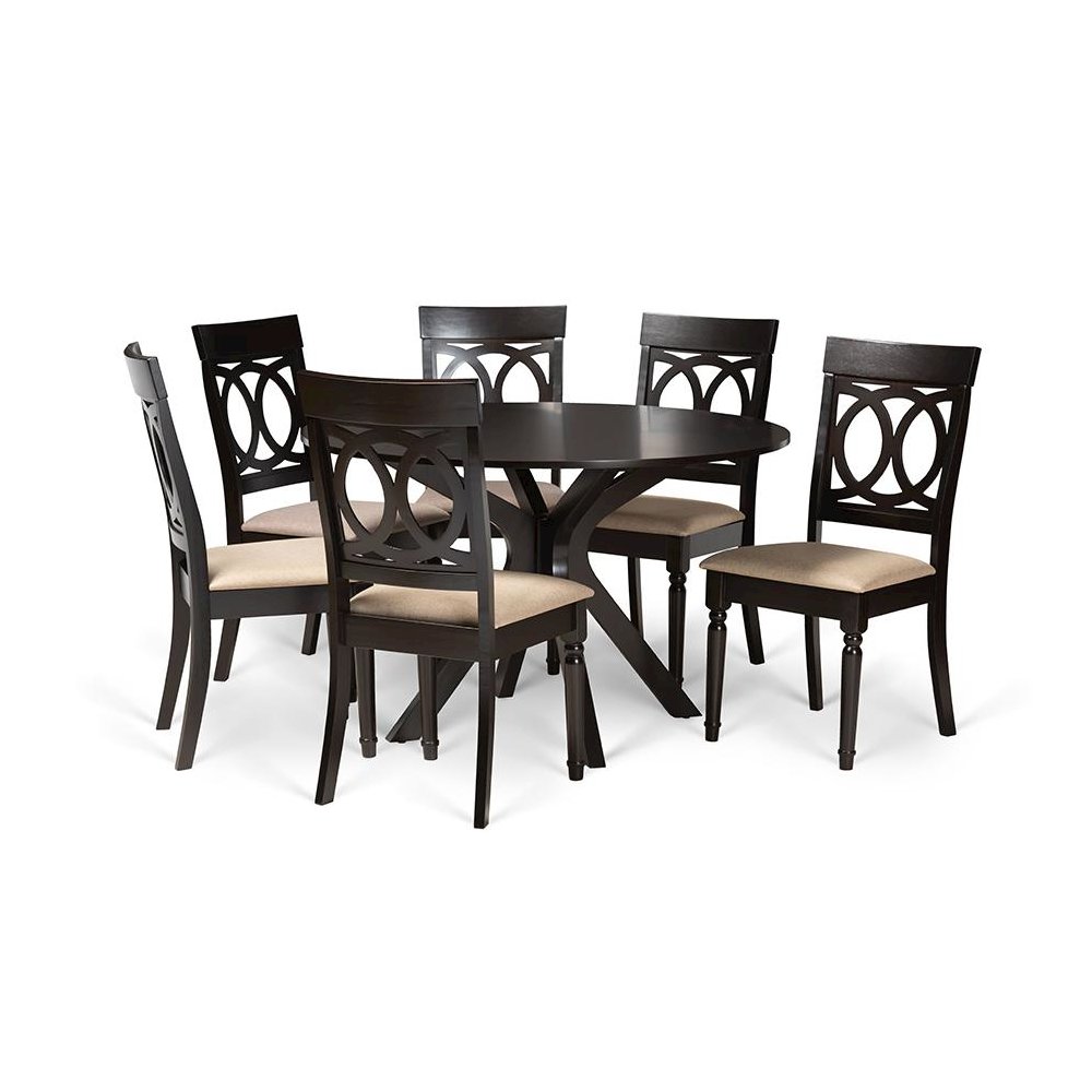 Sand Fabric Upholstered and Dark Brown Finished Wood 7-Piece Dining Set