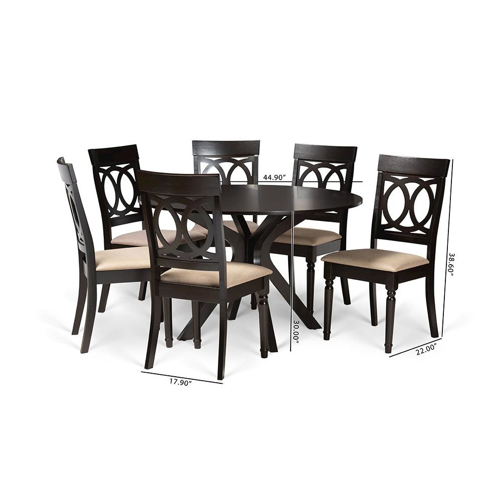 Sand Fabric Upholstered and Dark Brown Finished Wood 7-Piece Dining Set