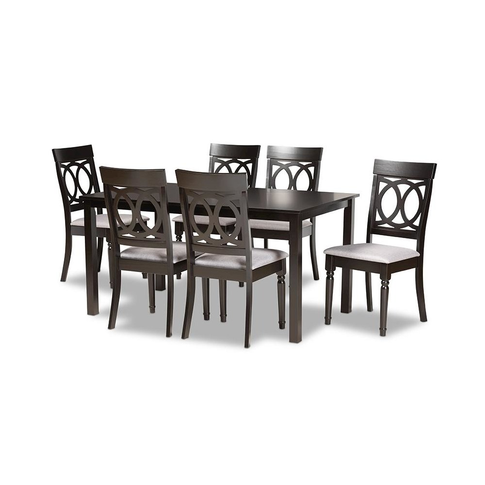 Grey Fabric Upholstered and Dark Brown Finished Wood 7-Piece Dining Set