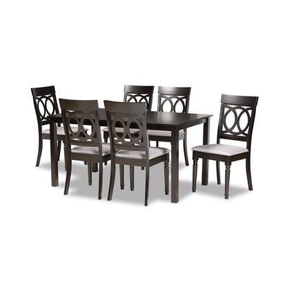 Grey Fabric Upholstered and Dark Brown Finished Wood 7-Piece Dining Set