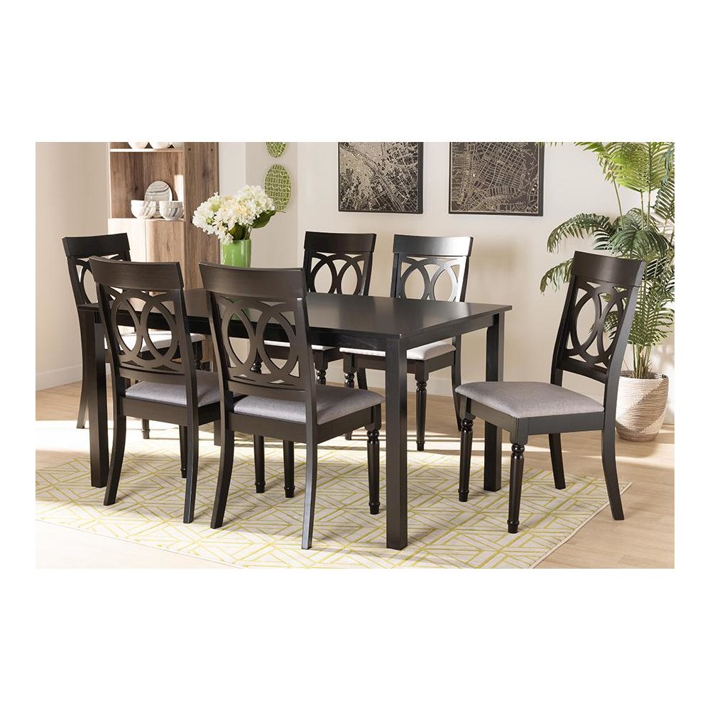 Grey Fabric Upholstered and Dark Brown Finished Wood 7-Piece Dining Set