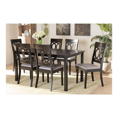 Grey Fabric Upholstered and Dark Brown Finished Wood 7-Piece Dining Set