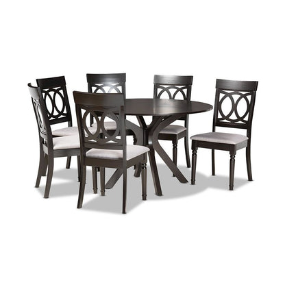 Grey Fabric Upholstered and Dark Brown Finished Wood 7-Piece Dining Set