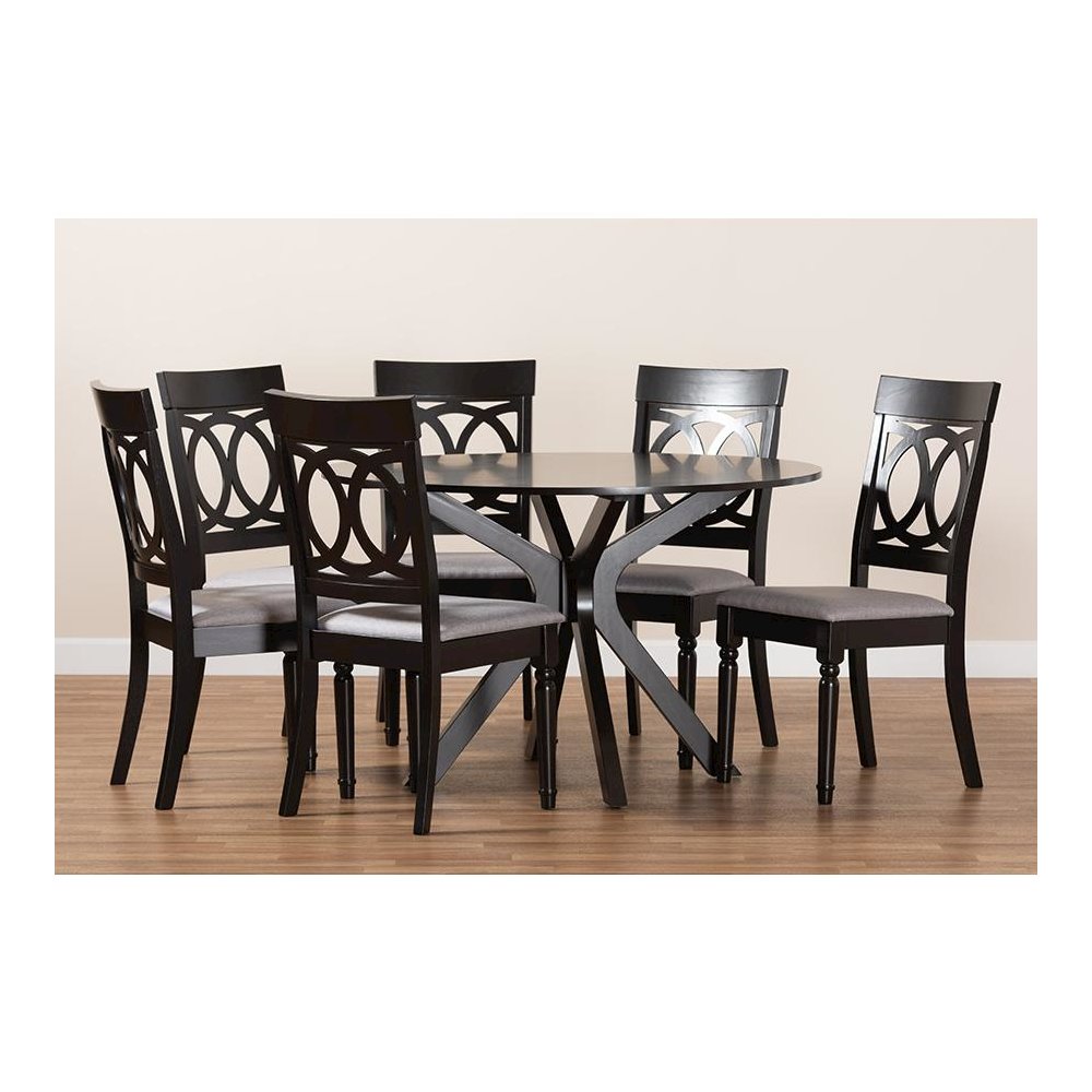 Grey Fabric Upholstered and Dark Brown Finished Wood 7-Piece Dining Set