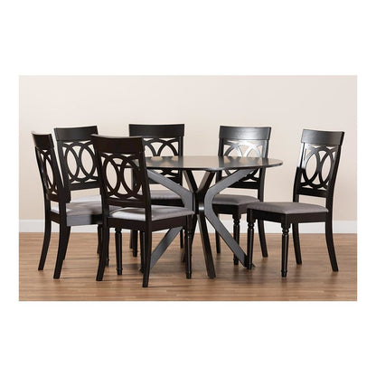 Grey Fabric Upholstered and Dark Brown Finished Wood 7-Piece Dining Set
