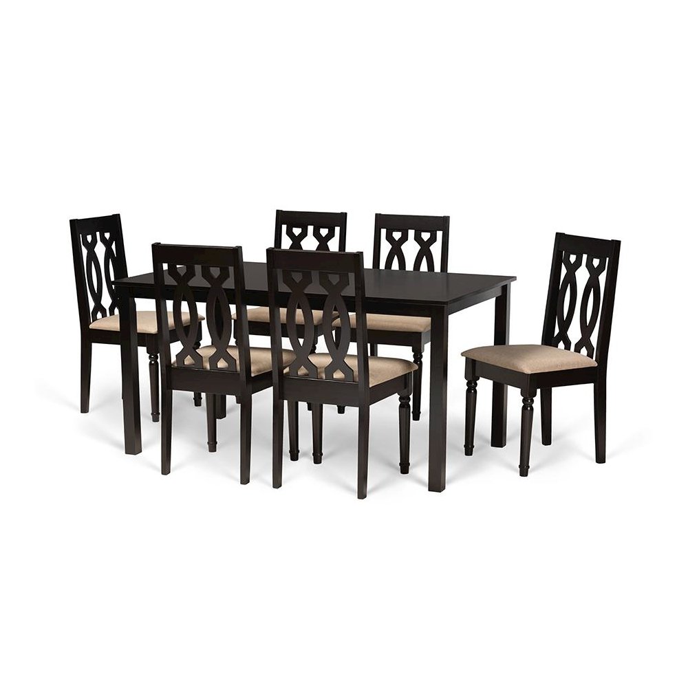 Sand Fabric Upholstered and Dark Brown Finished Wood 7-Piece Dining Set