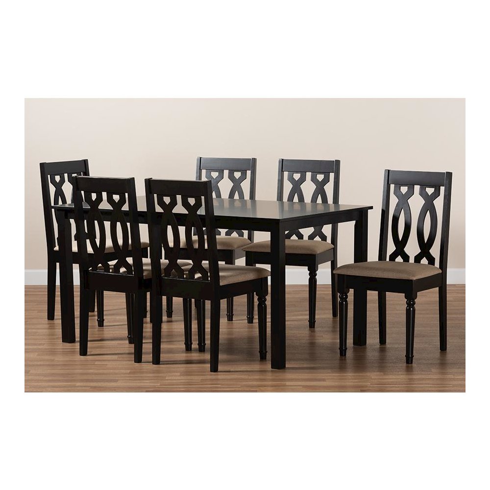 Sand Fabric Upholstered and Dark Brown Finished Wood 7-Piece Dining Set