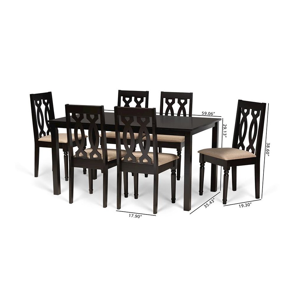 Sand Fabric Upholstered and Dark Brown Finished Wood 7-Piece Dining Set
