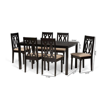 Sand Fabric Upholstered and Dark Brown Finished Wood 7-Piece Dining Set