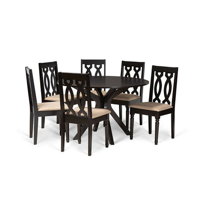 Sand Fabric Upholstered and Dark Brown Finished Wood 7-Piece Dining Set