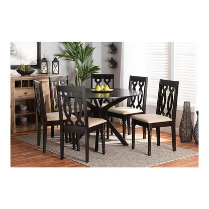Sand Fabric Upholstered and Dark Brown Finished Wood 7-Piece Dining Set