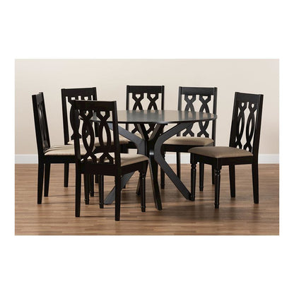 Sand Fabric Upholstered and Dark Brown Finished Wood 7-Piece Dining Set