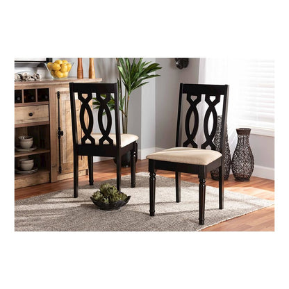 Sand Fabric Upholstered and Dark Brown Finished Wood 2-Piece Dining Chair Set