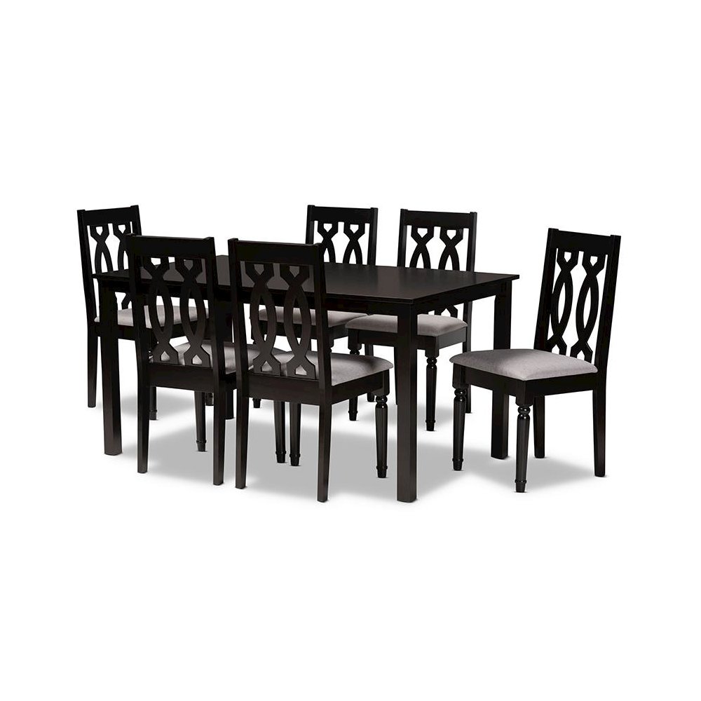 Grey Fabric Upholstered and Dark Brown Finished Wood 7-Piece Dining Set