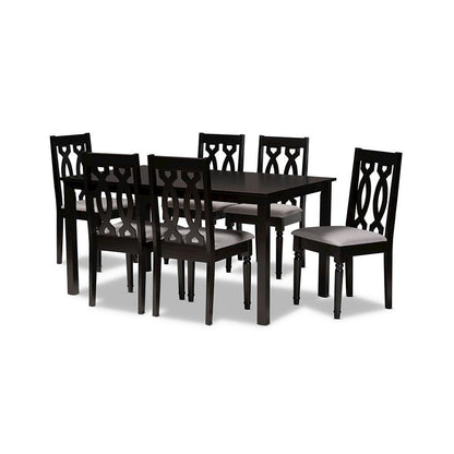Grey Fabric Upholstered and Dark Brown Finished Wood 7-Piece Dining Set