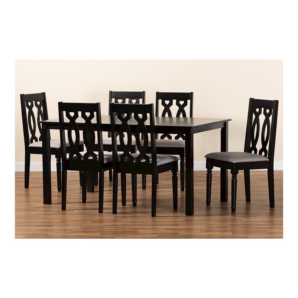 Grey Fabric Upholstered and Dark Brown Finished Wood 7-Piece Dining Set