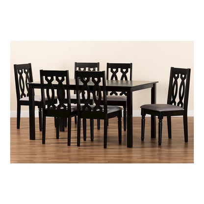 Grey Fabric Upholstered and Dark Brown Finished Wood 7-Piece Dining Set