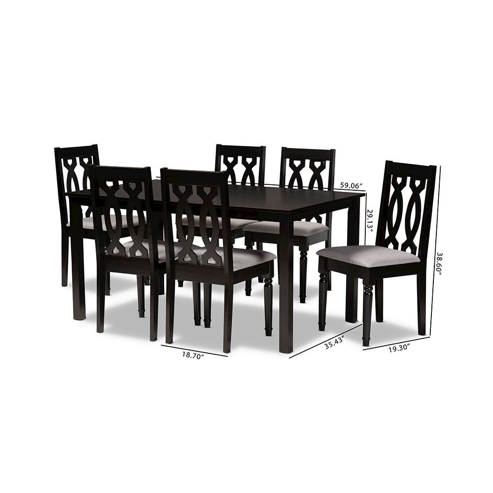 Grey Fabric Upholstered and Dark Brown Finished Wood 7-Piece Dining Set