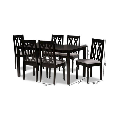 Grey Fabric Upholstered and Dark Brown Finished Wood 7-Piece Dining Set