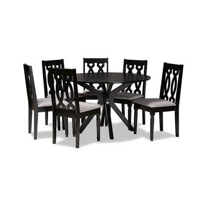 Grey Fabric Upholstered and Dark Brown Finished Wood 7-Piece Dining Set