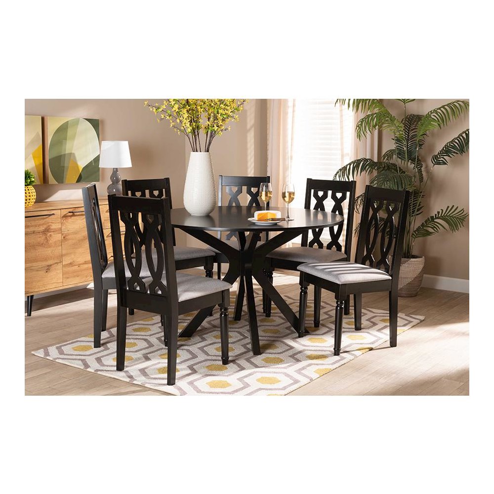 Grey Fabric Upholstered and Dark Brown Finished Wood 7-Piece Dining Set