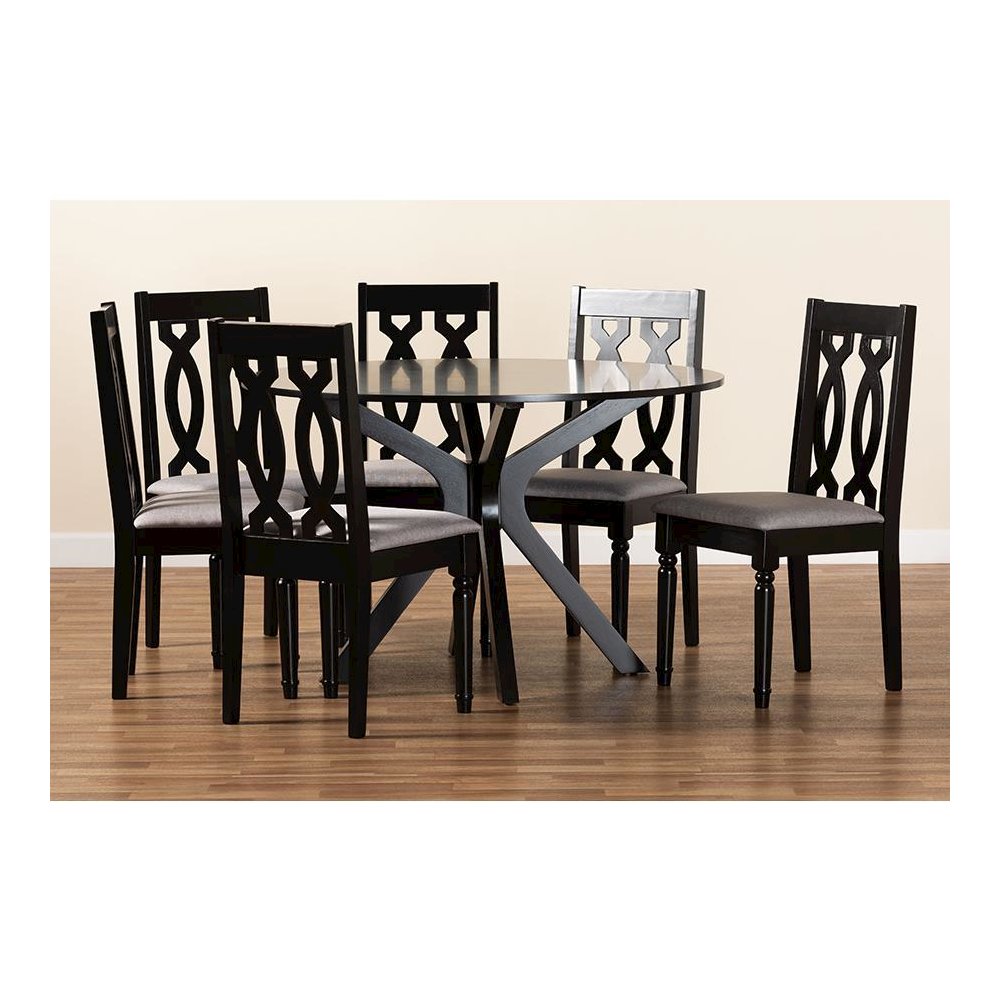 Grey Fabric Upholstered and Dark Brown Finished Wood 7-Piece Dining Set
