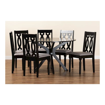 Grey Fabric Upholstered and Dark Brown Finished Wood 7-Piece Dining Set