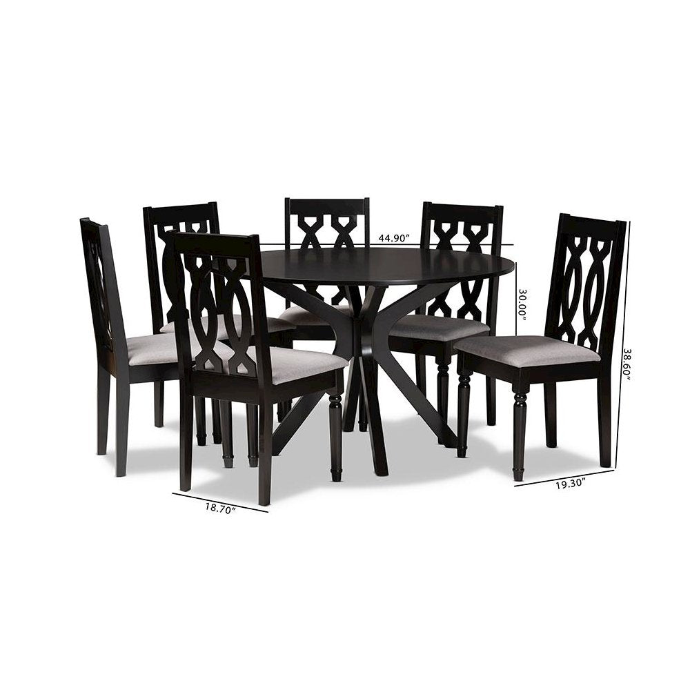Grey Fabric Upholstered and Dark Brown Finished Wood 7-Piece Dining Set