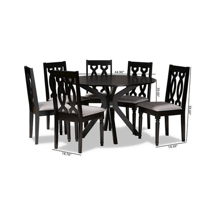 Grey Fabric Upholstered and Dark Brown Finished Wood 7-Piece Dining Set