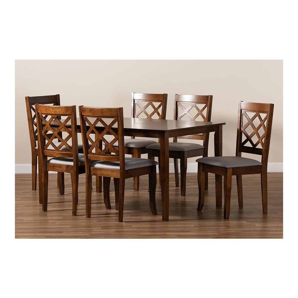 Grey Fabric Upholstered and Walnut Brown Finished Wood 7-Piece Dining Set