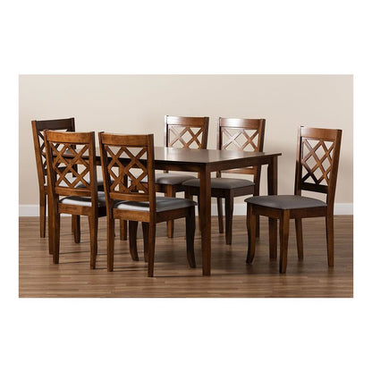 Grey Fabric Upholstered and Walnut Brown Finished Wood 7-Piece Dining Set