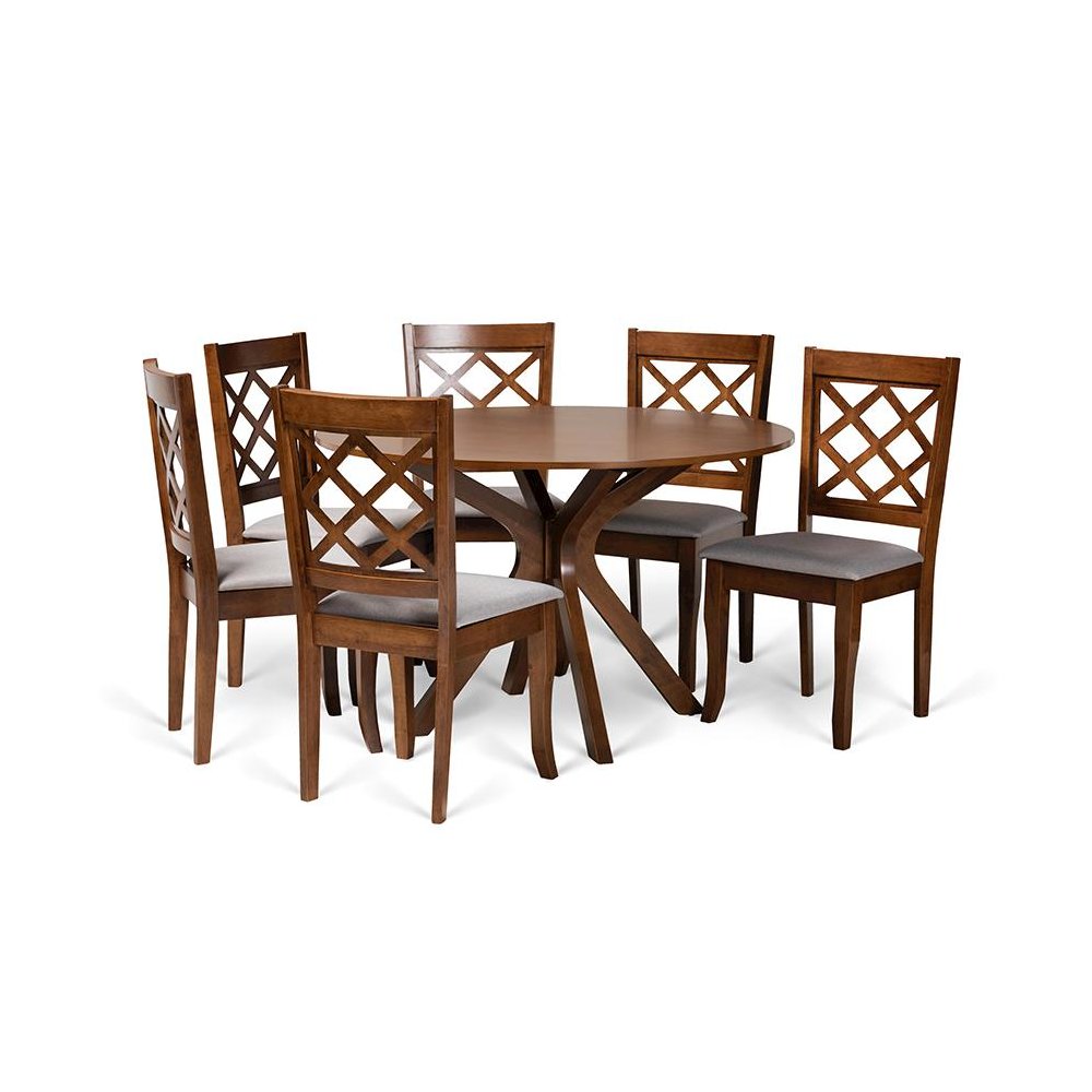 Grey Fabric Upholstered and Walnut Brown Finished Wood 7-Piece Dining Set