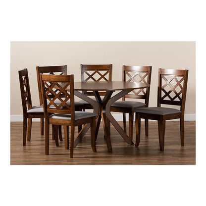 Grey Fabric Upholstered and Walnut Brown Finished Wood 7-Piece Dining Set