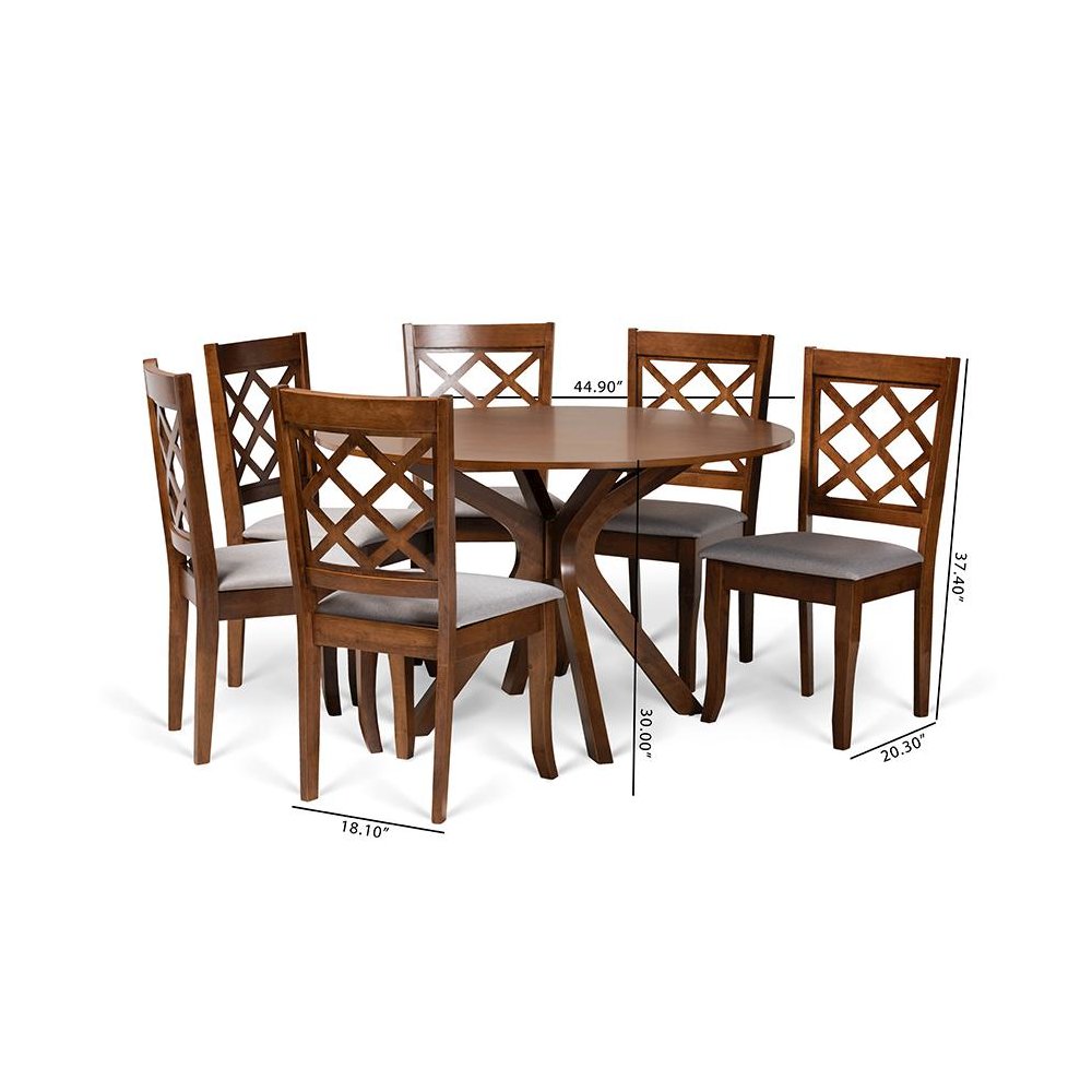 Grey Fabric Upholstered and Walnut Brown Finished Wood 7-Piece Dining Set