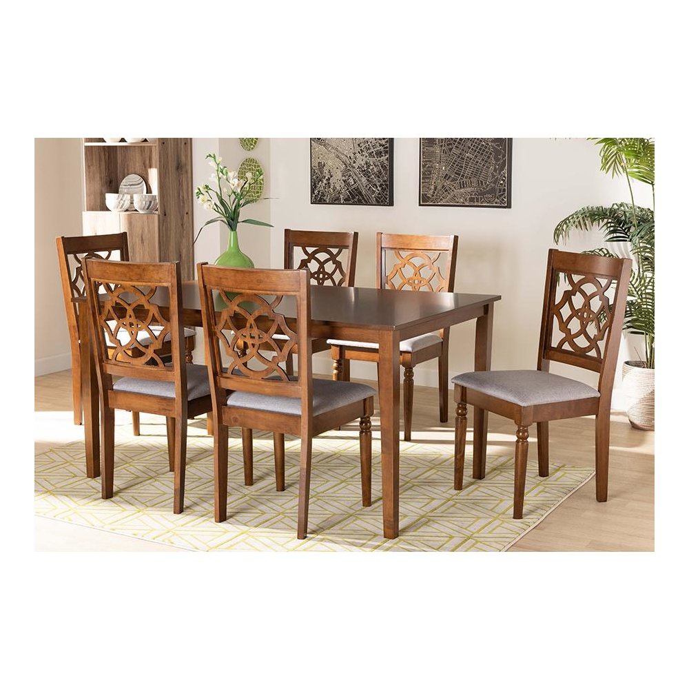 Grey Fabric Upholstered and Walnut Brown Finished Wood 7-Piece Dining Set