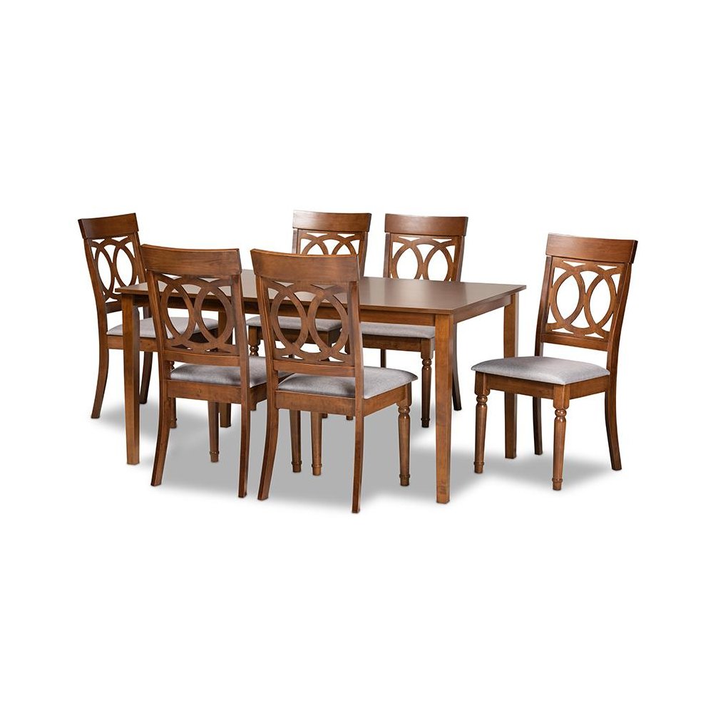 Grey Fabric Upholstered and Walnut Brown Finished Wood 7-Piece Dining Set