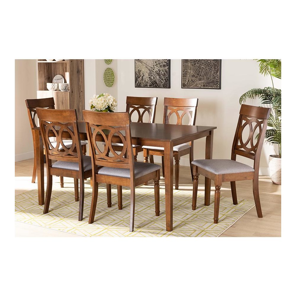 Grey Fabric Upholstered and Walnut Brown Finished Wood 7-Piece Dining Set