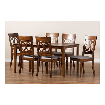Grey Fabric Upholstered and Walnut Brown Finished Wood 7-Piece Dining Set