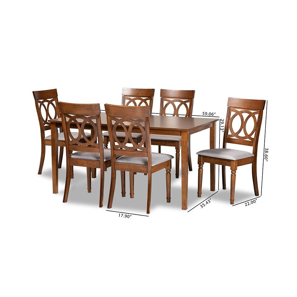 Grey Fabric Upholstered and Walnut Brown Finished Wood 7-Piece Dining Set