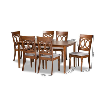 Grey Fabric Upholstered and Walnut Brown Finished Wood 7-Piece Dining Set