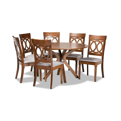 Grey Fabric Upholstered and Walnut Brown Finished Wood 7-Piece Dining Set